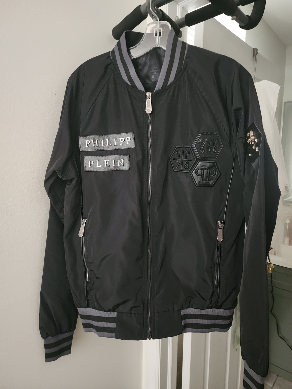 Philipp Plein Black Striped Ribbed Bomber Jacket with Patch Accents